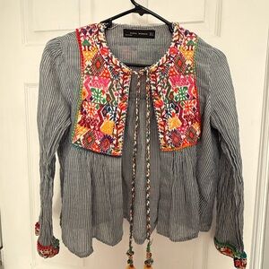 Zara Women's Multicolor Embroidered Striped Blouse